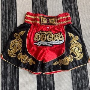 Black and Red Thai Boxing Shorts‎ with Gold Accents